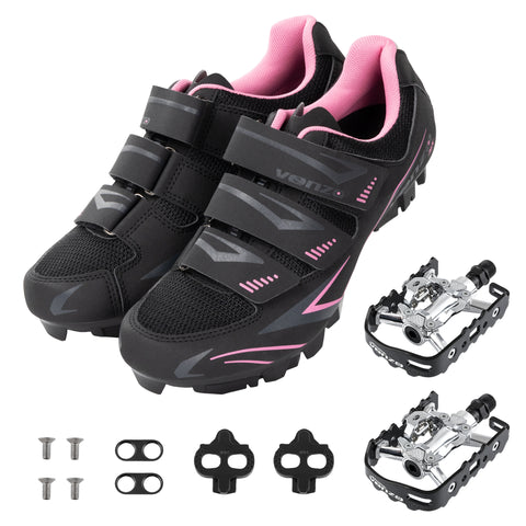 Venzo Women's MTB Bike Bicycle Cycling Shoes with Multi-Function Clip-less Pedals & Cleats - Compatible with Shimano SPD & Crankbrother System