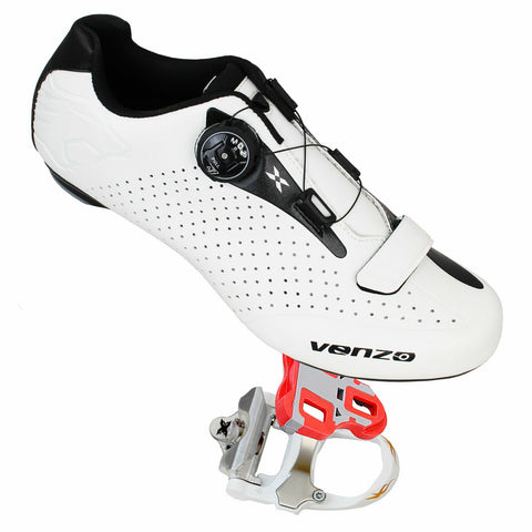 Venzo Cycling Bicycle Cycle Road Bike Shoes Men - compatible with Shimano SPD, SPD SL, Look KEO, Look Delta -  Package including:  Xpedo RF07MC Pedals White 48