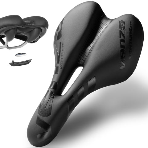 Venzo Comfortable Bike Saddle with Hidden AirTag Mount - Anti-Theft Under-Seat Protection for MTB, Road, Exercise, Trekking, Folding, Hybrid & Cruiser Bicycles - Stylish Black XC Saddle