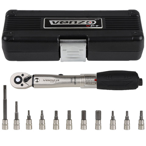 VENZO 1/4 Inch Drive Click Torque Wrench Set 2-22Nm Bicycle Maintenance Kit for Road & Mountain Bikes, Motorcycle Multitool - Includes Allen & Torx Sockets, 4mm 5mm Extension Bar & Storage