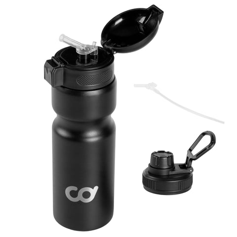 CyclingDeal Bike Bicycle Stainless Steel Vacuum Insulated Double Wall Water Bottle with Leakproof Straw Lid and Spout Lid - 18oz (500ml) Matt Black