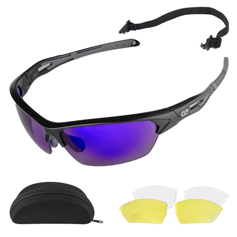 CyclingDeal Professional Wrap-Around Bike Cycling Sunglasses with 3 Pairs of Interchangeable Lenses - 100% UV400 Protection - Super Light & Durable, Anti-Scratch Design - with Anti-Slip Elastic Strap