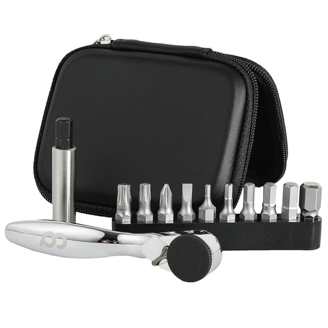 Pocket Mini Bicycle Ratchet Wrench Multitool Repair Kits - Bike Tool Pouch Sets - Includes 2mm/3mm/4mm/5mm/6mm/T25/T30/PH1/SL4 - 1/4" Bits - Great for Mountain Road Bikes with Hard Case Pouch