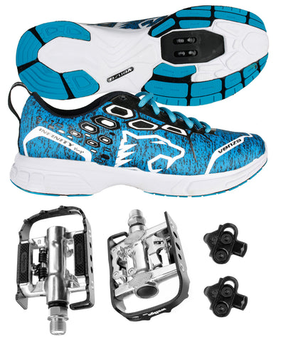 Venzo MTB Shimano SPD Shoes Blue + Wellgo C002 Multi Pedals