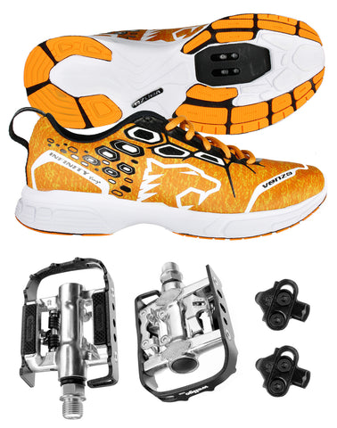 Venzo MTB Shimano SPD Shoes Orange + Wellgo C002 Multi Pedals