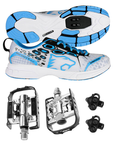 Venzo MTB Shimano SPD Shoes Blue + Wellgo C002 Multi Pedals